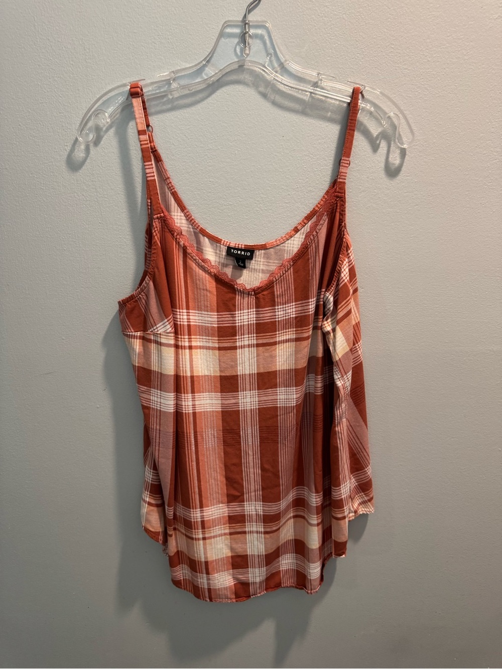 Super Cute Torrid Rust Plaid Cold-Shoulder Tank Top Plus Size 1